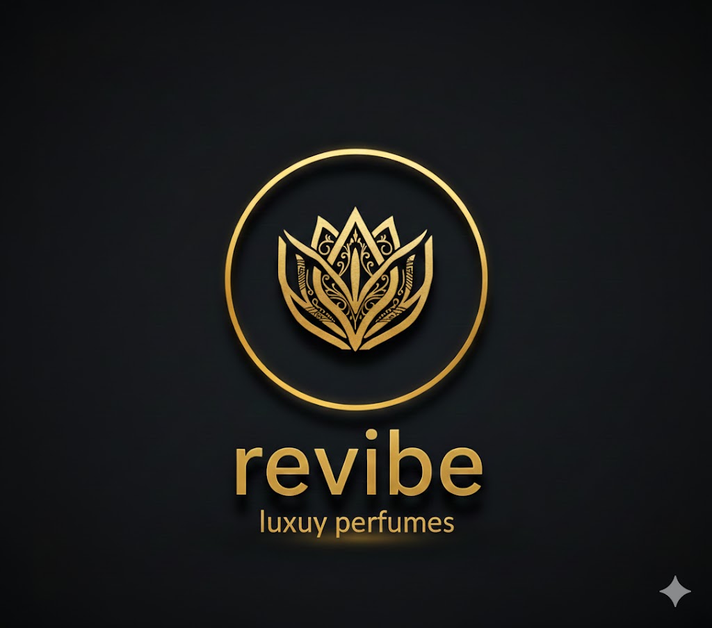 A black and gold logo for "revibe luxury perfumes." The logo features a stylized golden lotus flower design within a golden circle, set against a dark, elegant background. Below the logo, the word "revibe" is written in gold, with "luxury perfumes" in smaller gold text underneath.